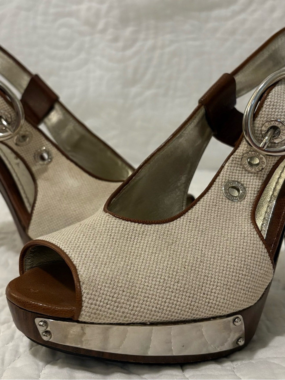 Dolce & Gabbana Beige and Brown Canvas Open-Toe Platform Sandals